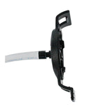 Side view of a black plastic drip emitter with a clear tube, resembling the BW Technologies by Honeywell Manual Aspirator Pump for GasAlertMicroClip MC-AS01, used for controlled distribution in gardening or agriculture.