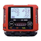 The RKI Instruments GX-2009 MSHA 4-Gas Confined Space Monitor (model 72-0314-MSHA-C) is equipped with a digital display that indicates levels of CH4, O2, CO, and H2S. This red monitor features black "AIR" and "POWER MODE" buttons and provides real-time gas concentration readings along with battery status, ensuring dependable gas detection across different environments.