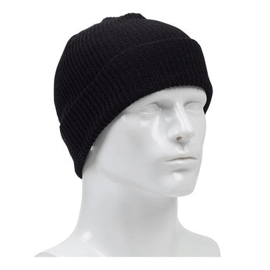 The PIP FR Knit Watch Cap 360-1500FR-BK, by Protective Industrial Products, is displayed on a white mannequin head. The black ribbed knit beanie is made from a modacrylic blend, offering snug, flame-resistant protection that covers the ears without any visible logos or designs. Set against a plain white background, it emphasizes its sleek safety features.