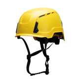 Introducing the Pyramex SL T2 Vented Safety Helmet HPT26111_V, a modern safety helmet from Pyramex Safety. This stylish helmet boasts a bright yellow color and features black adjustable straps for a secure fit. Its lightweight design combines an ABS shell with integrated EPS foam to enhance protection. It includes ventilation slots and has a smooth, glossy finish to provide both comfort and style.