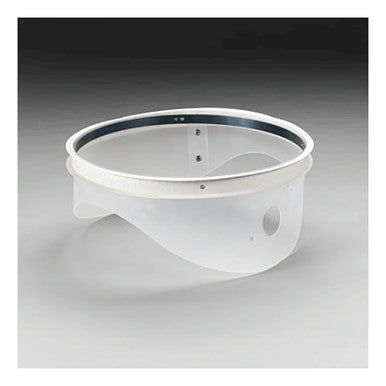 The 3M FT-15 Fit Test Replacement Collar, a product by 3M, is a clear plastic circular visor with a white rim and metal reinforcement. It features a side hole and is designed to meet OSHA guidelines, displayed against a gray background.