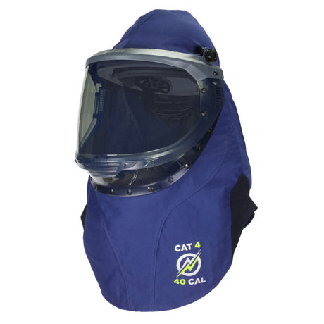 The NSA ArcGuard Performance 40 Cal Lift Front Hood ARC40H, in blue, features the innovative PureView Faceshield for clear visibility and is labeled "CAT 4" and "40 CAL," designed to ensure safety in high-energy electrical environments.