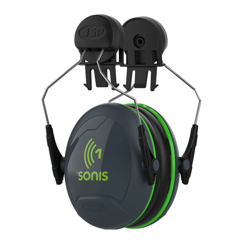 Introducing the PIP Sonis1 Cap Mounted Passive Ear Muff 62-AEB010-CM by Protective Industrial Products, a pair of earmuffs in black and green that feature adjustable straps for hearing protection. These noise-canceling earmuffs guarantee optimal comfort and safety.