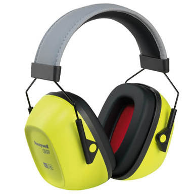 The Howard Leight Honeywell VS130HV VeriShield Earmuff 1035110-VS is a pair of yellow and black noise-canceling earmuffs featuring a gray headband, expertly designed for superior hearing protection.