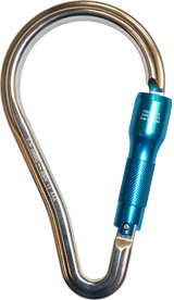 The French Creek Production Aluminum Twist-Lock Carabiner 62A features a large metal design with a blue locking mechanism, complete with inscribed technical specifications. Perfect for climbing or fall protection, this carabiner is compliant with ANSI Z359 standards for safety and reliability.