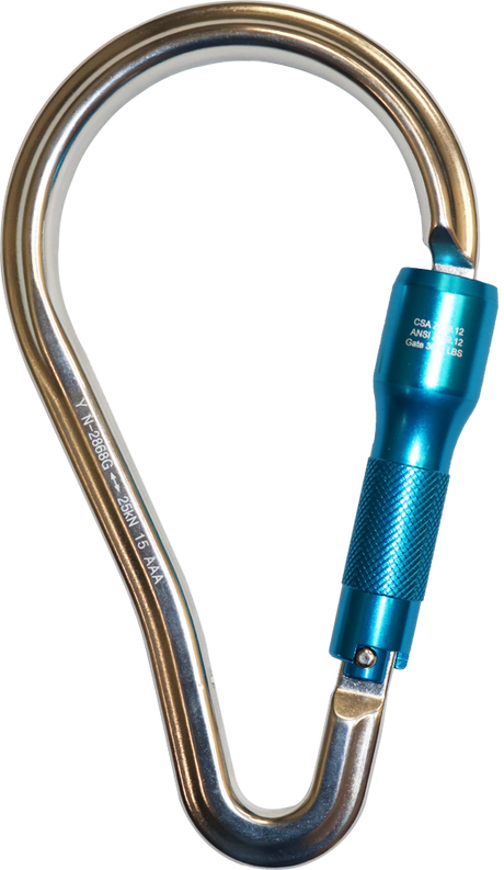 The French Creek Production Aluminum Twist-Lock Carabiner 62A features a large metal design with a blue locking mechanism, complete with inscribed technical specifications. Perfect for climbing or fall protection, this carabiner is compliant with ANSI Z359 standards for safety and reliability.