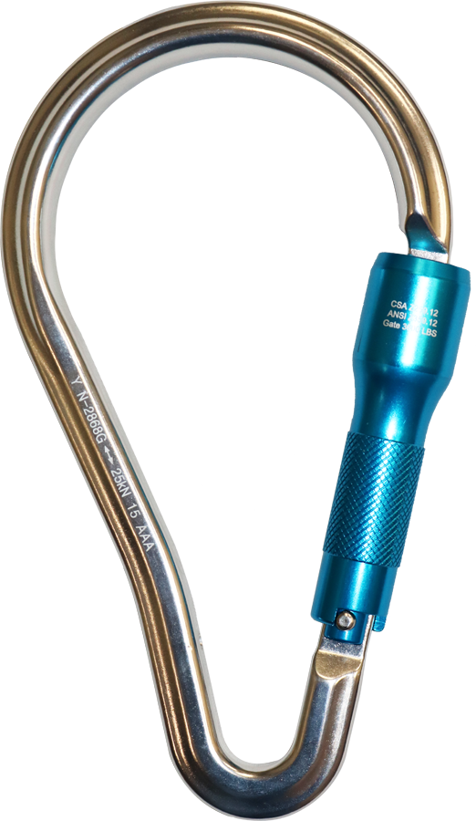 The French Creek Production Aluminum Twist-Lock Carabiner 62A features a large metal design with a blue locking mechanism, complete with inscribed technical specifications. Perfect for climbing or fall protection, this carabiner is compliant with ANSI Z359 standards for safety and reliability.