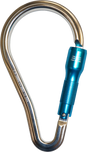 The French Creek Production Aluminum Twist-Lock Carabiner 62A features a large metal design with a blue locking mechanism, complete with inscribed technical specifications. Perfect for climbing or fall protection, this carabiner is compliant with ANSI Z359 standards for safety and reliability.