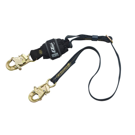 The 3M DBI-SALA Force2 Adjustable Shock Absorbing Lanyard, Model 1246317, from 3M DBI-SALA Fall Protection is a black safety lanyard with gold-tone self-locking snap hooks at each end. This adjustable shock-absorbing lanyard features an energy absorber, visible stitching, and a loop handle, making it ideal for industrial safety applications such as fall protection.