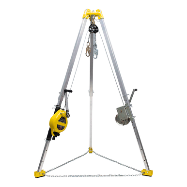 The French Creek Production 9' Tripod 3-Way Rescue Unit and Winch S50G-M9 is ideal for confined space rescue, featuring a robust aluminum structure with a yellow top and silver telescopic legs. It includes a hand winch, pulley system, retractable fall arrest device, and a safety chain connecting the legs at the base.