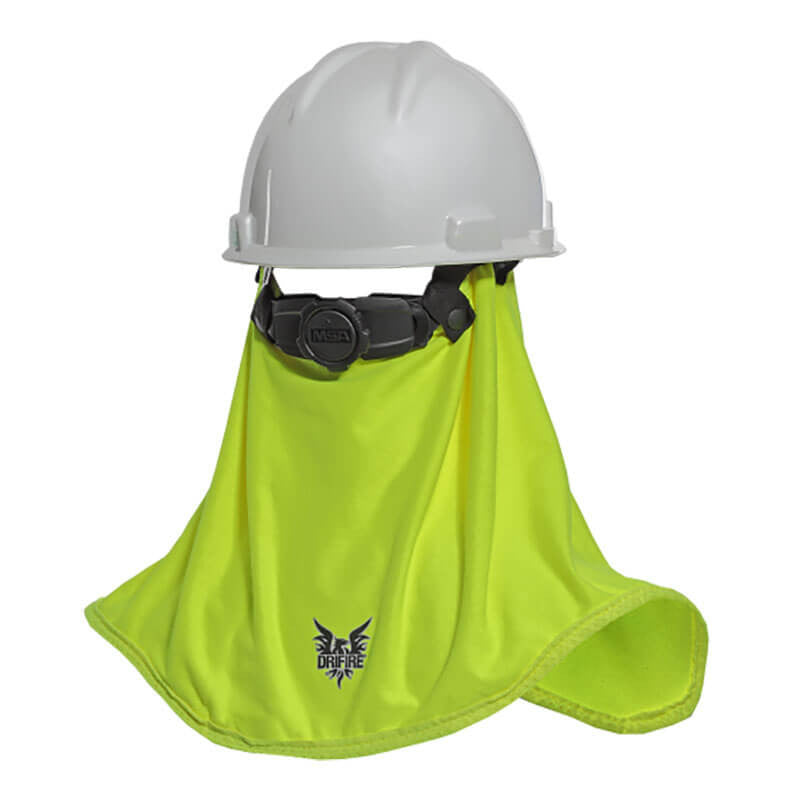 A white safety helmet equipped with the NSA DRIFIRE FR Cooling Neck Shade, featuring a logo and a vibrant yellow color. This flame-resistant neck shade by NSA extends downward, providing evaporative cooling and sun protection for the neck and shoulders.