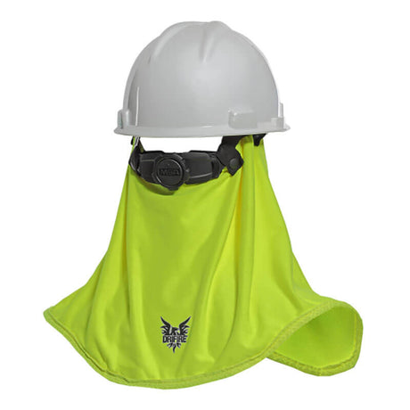 A white safety helmet equipped with the NSA DRIFIRE FR Cooling Neck Shade, featuring a logo and a vibrant yellow color. This flame-resistant neck shade by NSA extends downward, providing evaporative cooling and sun protection for the neck and shoulders.