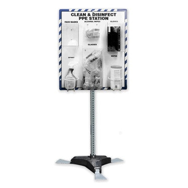 The AccuformNMC Accuform Clean & Disinfect PPE Station with Stand PRF311 is a freestanding unit featuring labeled sections for face masks, gloves, spray, glasses, and wipes. Its sign displays "Clean & Disinfect PPE Station" and includes blue and white stripes on the edges to underline the significance of workplace hygiene and disinfection supplies.