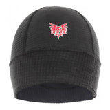 The NSA Power Grid FR Fleece Cap H01FWCAP, by National Safety Apparel, Inc, is a black flame-resistant beanie. It features a textured pattern and has a red logo on the front that resembles wings with the text "DRIFIRE" beneath it. Its moisture-wicking properties ensure warmth and suitability for cold weather.