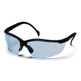 A box of 12 Pyramex Venture II Infinity Blue Safety Glasses from Pyramex Safety, designed for superior eye protection with curved blue lenses and black frames.