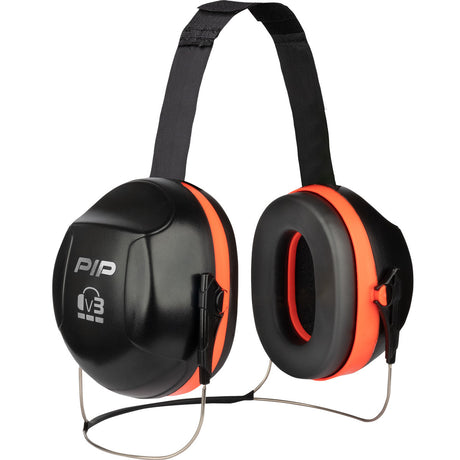 The PIP V3 Ear Muff with Neckband 263-V3NB features memory foam ear cushions, a padded headband, and a metal frame in black and orange. Designed by Protective Industrial Products (PIP) to reduce noise with a Noise Reduction Rating (NRR) of 27, they are labeled "PIP" and "V3" on the side.