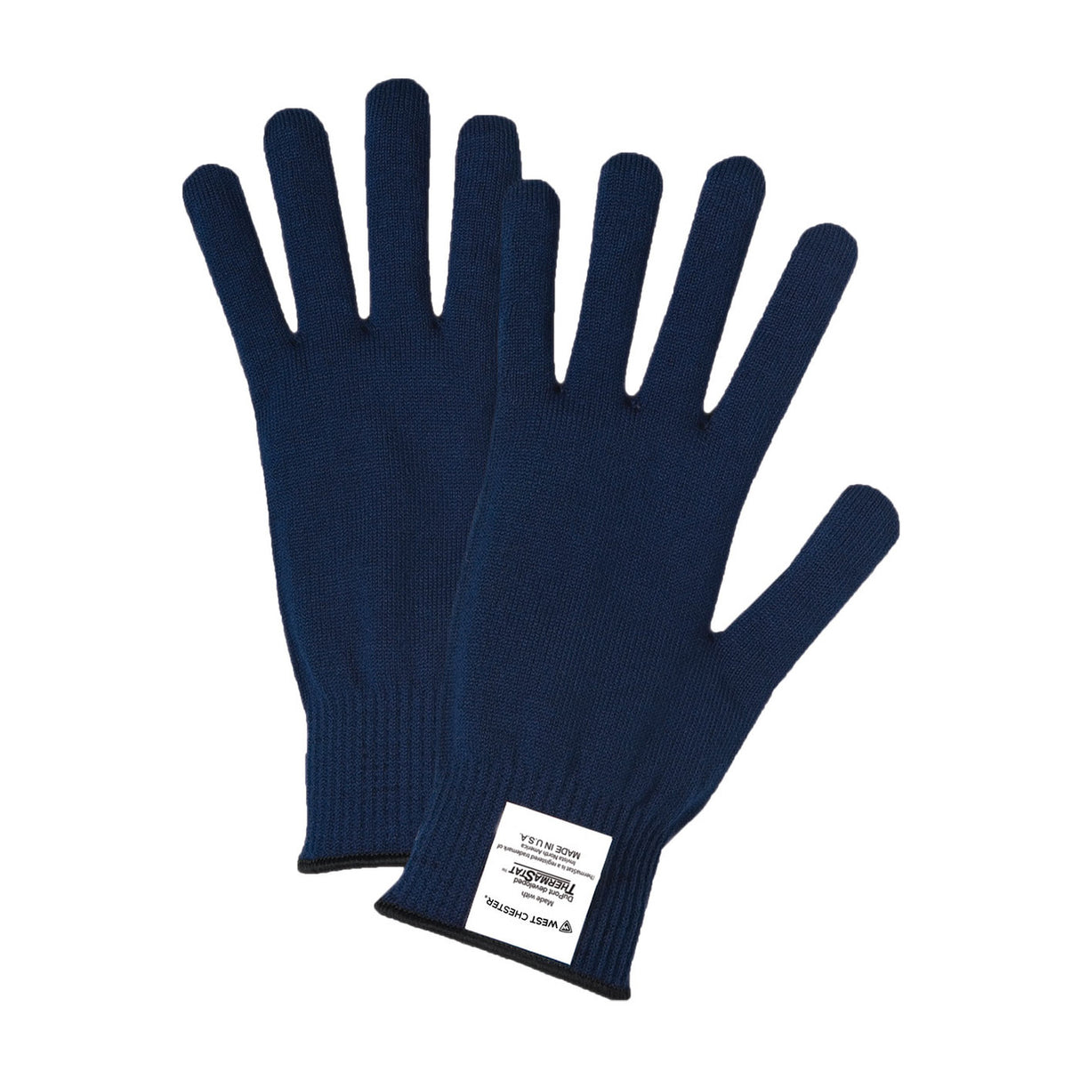 A pair of PIP Seamless Knit Thermastat 13G Gloves in navy blue, offering thermal insulation ideal for cold weather applications, showcases a white label with text on the cuff of one glove. The set is displayed against a plain white background.