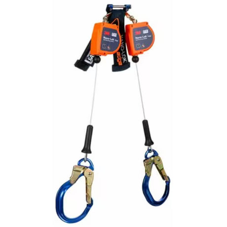 Introducing the 3M DBI-SALA Nano-Lok Edge Twin-Leg SRL, Alum Rebar Lock 3500277— a state-of-the-art dual personal fall protection system from 3M DBI-SALA Fall Protection. This system comes equipped with two self-retracting lifelines specifically designed for leading edge applications and large blue carabiners. Featuring orange and black retractors alongside sturdy hooks, it guarantees ANSI Class 2 safety standards for construction or industrial environments.