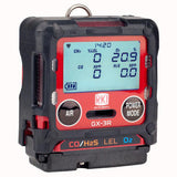 The RKI Instruments GX-3R 4 Gas Confined Space Monitor 72-RA-C is a compact device equipped with micro sensors and a display to monitor CH4, CO, H2S, and O2 levels. Ideal for confined spaces, this black-and-red monitor features "Air" and "Power Mode" buttons alongside numerical readings next to each chemical symbol.