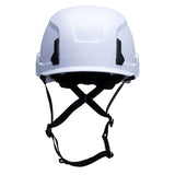 The Pyramex SL T2 Safety Helmet HPT26111_ showcases white construction with black adjustable straps, impact absorption technology, and side attachments for seamless accessory integration. This helmet is designed by Pyramex Safety to provide exceptional head protection in construction or industrial environments and is presented against a plain white background.