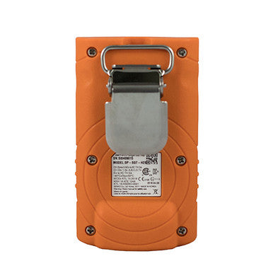 The AimSafety H2S Single Gas Monitor PM100-H2S, designed in a striking orange color, boasts a sturdy rectangular build ideal for reliable hydrogen sulfide detection. Featuring a metal hook and a label displaying technical specifications and certification logos, this industrial-grade monitor is equipped with screws and a visible fastener on the front to ensure durability.