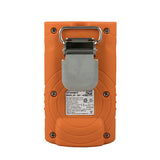 The AimSafety H2S Single Gas Monitor PM100-H2S, designed in a striking orange color, boasts a sturdy rectangular build ideal for reliable hydrogen sulfide detection. Featuring a metal hook and a label displaying technical specifications and certification logos, this industrial-grade monitor is equipped with screws and a visible fastener on the front to ensure durability.