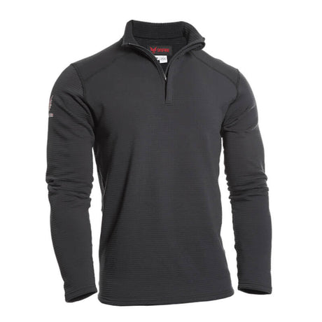 Introducing the NSA DRIFIRE Power Grid FR Fleece 1/4 Zip: a black, long-sleeve pullover with a quarter-zip design and a subtle textured fabric. This shirt features moisture-wicking properties and is showcased on a white background, free from any visible logos or designs.