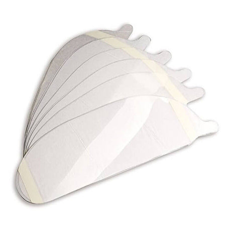 A stack of Allegro's white shoehorns with slightly curved shapes and extended handles, resembling the Allegro Hood Lens Cover Peel-Offs 9910-25, fanned out on a plain background.