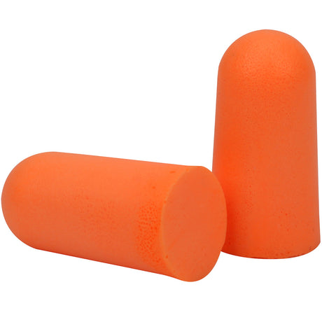 Two PIP Mega Bullet Soft Foam Ear Plugs 67-HPF210 in orange are displayed against a white background, with one standing upright and the other lying on its side. Made from soft polyurethane foam by PIP - Protective Industrial Products, they provide NRR 32 protection for optimal sound reduction.