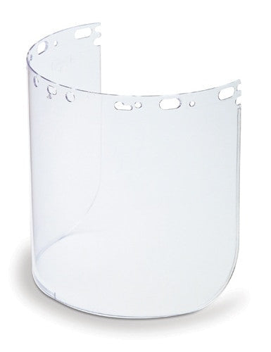 The Willson Clear Shield M86CLU by Uvex showcases a clear, curved face shield with Prism Perfect optical properties and several small holes along the top edge for attachment. The shield is positioned upright against a white background.