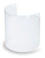 The Willson Clear Shield M86CLU by Uvex showcases a clear, curved face shield with Prism Perfect optical properties and several small holes along the top edge for attachment. The shield is positioned upright against a white background.