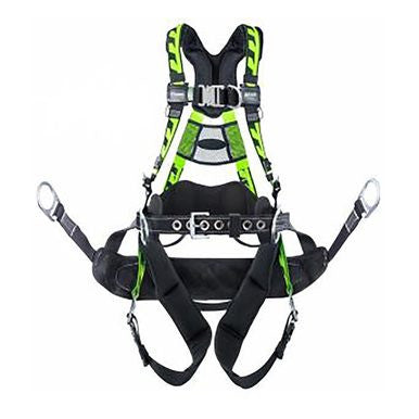 The Miller AirCore Tower Climbing Harness With Bos'n Chair by Miller Fall Protection is an essential piece of gear for tower climbing. It includes multiple adjustable straps and quick-connect buckles to ensure a secure fit, along with padded shoulder and leg supports designed for effective fall protection in construction or industrial work settings.