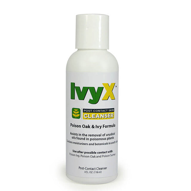 The Coretex IvyX Cleanser 4oz Lotion Bottle, available in cases of 12, is designed to effectively remove oils from poison oak and ivy. Featuring a white bottle with green and yellow labeling, it also offers skin protection with added moisturizers.