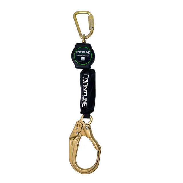 The Frontline Aramid Fiber Web SRL by Frontline Fall Protection features a black casing, top carabiner, and large gold steel rebar hook for reliable fall protection in construction or industrial environments.