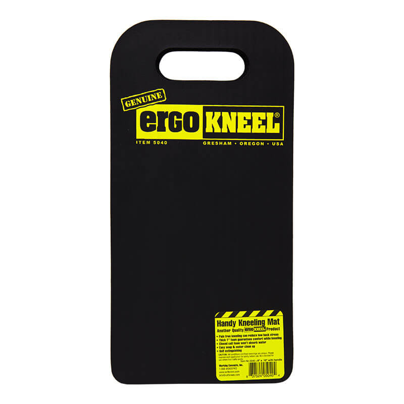 The black Working Concepts ErgoKneel Kneeling Mat 5040, measuring 8 x 16 inches, is crafted from durable foam rubber and features a yellow label with the "Working Concepts" brand and product details. Designed as an ergonomic pad, it has a rectangular shape with a convenient handle cutout at the top to protect your knees during work.
