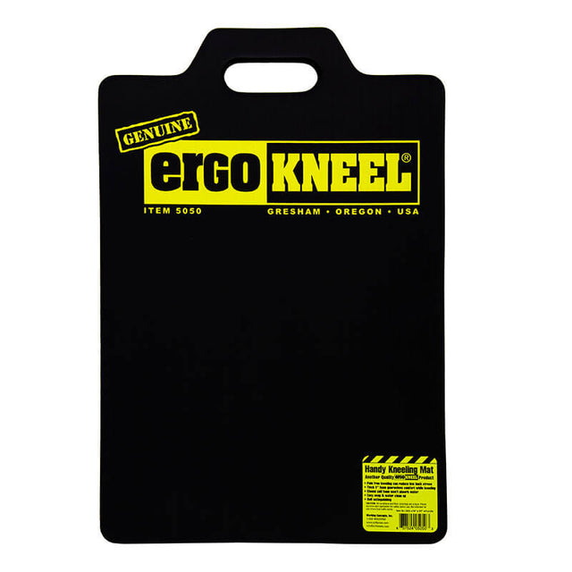 The Working Concepts Large ErgoKneel Kneeling Mat 5050 (14 x 21 in.) is a black rectangular closed-cell foam mat with a top handle cut-out, yellow and black "Genuine Ergo Kneel" label, and a yellow info sticker at the bottom right.