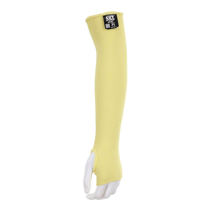 A mannequin hand displays the MCR Safety Memphis 9378T Kevlar Knit Sleeve with thumb hole and black label, highlighting its cut-resistant design. Pack includes 10 yellow sleeves.