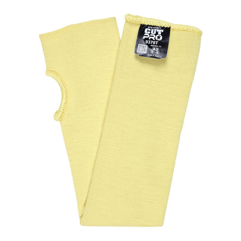 A pair of yellow MCR Memphis 9378T Kevlar knit sleeves by MCR Safety, featuring cut resistance, thumb holes, a black "Cut Pro 9378T" label, knitted texture, and yellow-stitched edges. Sold as a pack of 10.