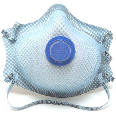 The Moldex 2500 N95 Acid Gas Particulate Respirator features a light blue design with a central blue valve and adjustable head straps. This NIOSH-certified mask includes a textured dotted pattern for enhanced filtration against acid gas irritants. Available in a bag of 10 from Moldex.