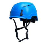 A Pyramex SL T2 Vented Safety Helmet HPT26111_V, in blue with black adjustable chin straps, is showcased against a white background. It boasts modern design elements and is constructed with a lightweight ABS shell. The helmet includes ventilation slots for enhanced comfort, making it ideal for construction or industrial use.