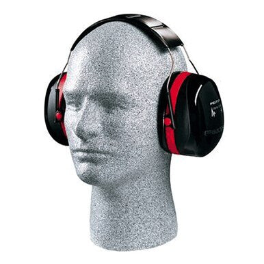 A gray mannequin head showcases the 3M Peltor H10A Ear Muffs in black and red, designed by 3M for comfortable noise reduction. These earmuffs include a padded headband and large ear cups, ensuring effective sound blockage.