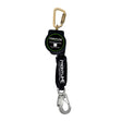 The Frontline Aramid Fiber Web SRL by Frontline Fall Protection features a gold carabiner on top, a large silver steel snap hook at the bottom, and comes in black.