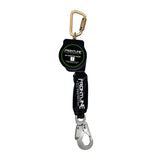 The Frontline Aramid Fiber Web SRL by Frontline Fall Protection features a gold carabiner on top, a large silver steel snap hook at the bottom, and comes in black.