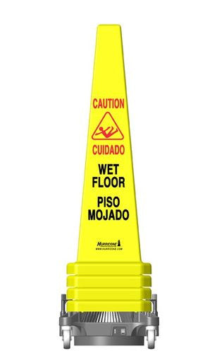 The Hurricone 36 in. Safety Cone by Hurricone is a tall, bright yellow cone that meets OSHA standards. It features "Wet Floor" warnings in both English and Spanish, with the words "Caution" and "Cuidado", as well as "Wet Floor" and "Piso Mojado". The design includes an icon of a slipping person on a stackable base.