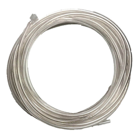 A neatly coiled bundle of the mPower POLI MP400 FEP-lined External Tubing, 25 ft (Model: M070-3004-000) from mPower Electronics featuring a male Luer connector is displayed against a white background.