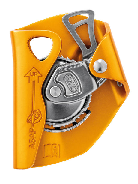 The Petzl ASAP Mobile Fall Arrester for Rope B070AA00, in orange and silver, boasts a mechanical design with the "UP" marking and logo. It includes a gear mechanism, a cover with a button, and an arrow indicating direction, making it perfect for climbing and fall protection tasks.