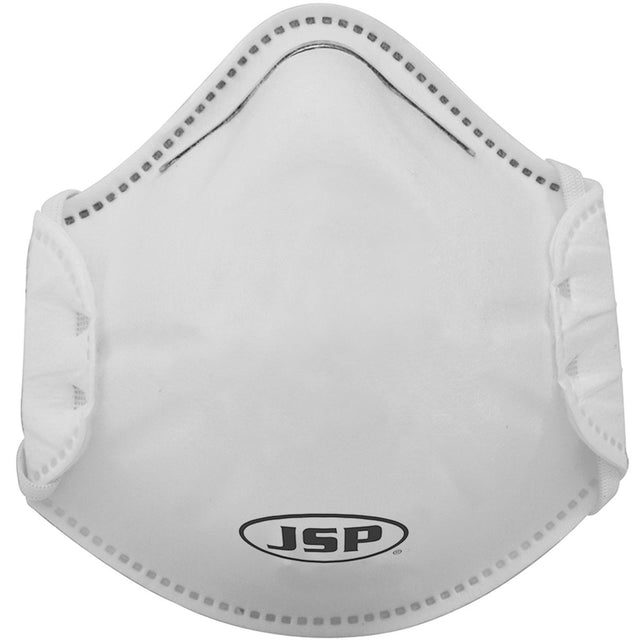 The PIP JSP Premium N95 Disposable Respirator 272-RPD721N95 features a white design with visible stitching and a curved shape, complete with the "JSP" logo in black on the front. This NIOSH-approved respirator offers 95% filtration efficiency and includes elastic ear loops and a metal nose strip for a secure fit, similar to an N95 mask.