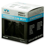 Box of Pyramex Safety PM90 Series low profile earmuffs, branded as the PM9010 model, showcases soft foam ear cups designed for comfort and offers a noise reduction rating (NRR) of 24dB. The packaging highlights these attributes and includes a contact phone number for inquiries.