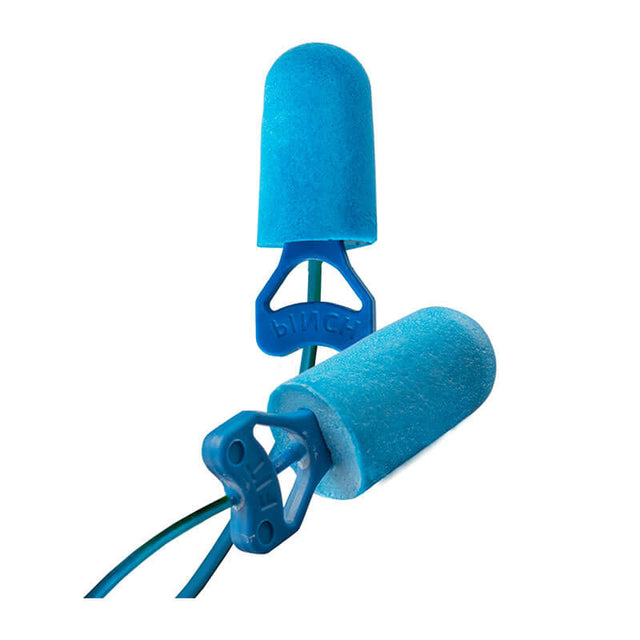 The PIP Food Pro Pinchfit BioSoft Corded Foam Ear Plug PF-D by Protective Industrial Products showcases its snug fit through the innovative Pinchfit Technology. The blue foam earplugs, connected by a cord and presented from a side angle, highlight their cylindrical form and soft texture.