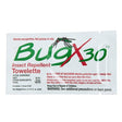 Image of a Coretex BugX30 DEET insect repellent towelette packet. The label highlights that it effectively repels mosquitoes, ticks, and other insects for up to 7 hours with its 30% DEET formula. Warning and safety instructions are prominently displayed on the package, ensuring safe use of this Coretex product.